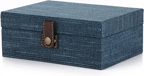 Vista 11 de Hipiwe Joyero de cofre del tesoro, caja decorativa de madera con cierre, caja de recuerdos cubierta de lino, caja de recuerdos rectangular