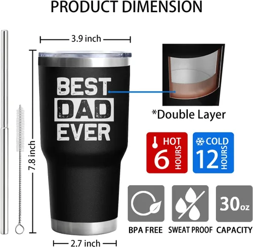 Vista 6 de Vaso de acero inoxidable aislado de 30 onzas con tapa y popote para el Día del Padre, Navidad y cumpleaños