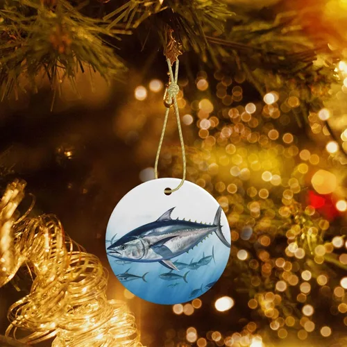 Vista 7 de Adorno de Navidad con estampado de atún azul, adorno redondo de Navidad, adornos colgantes para árbol de Navidad, hogar, fiesta, vacaciones