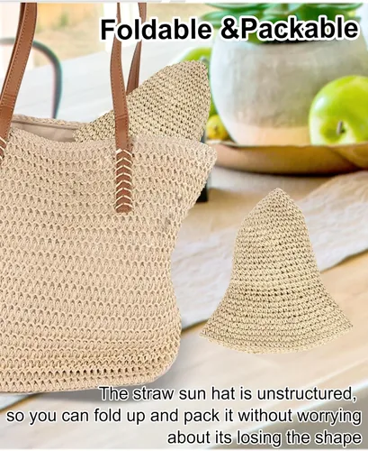 Vista 7 de Sombrero de sol para mujer, hecho a mano, cubo de paja de ganchillo para verano, plegable, gorra de viaje Beige