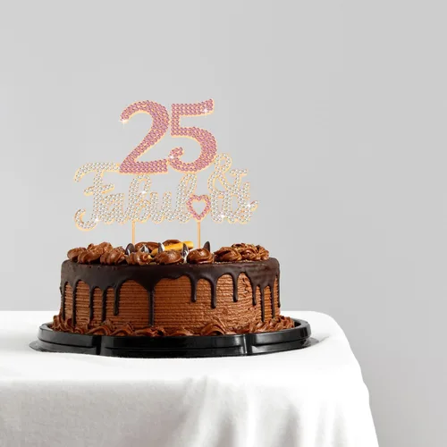 Vista 6 de 25 y fabulosa decoración de pastel de diamantes de imitación dorados y rosados – Feliz cumpleaños 25 años saluda a 25 años de edad, decoración