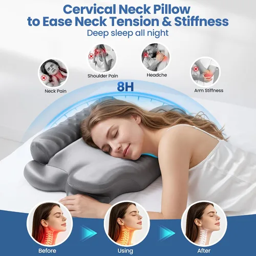 Vista 3 de Almohada cervical para aliviar el dolor de cuello, almohada ortopédica 2 en 1 para dormir, almohada ergonómica de espuma viscoelástica de contorno