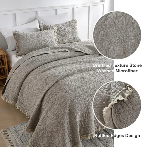 Vista 2 de HORIMOTE HOME Edredón beige con volantes, tamaño individual, microfibra lavada a la piedra, ligera, arrugada, rústica, desgastada, elegante, 2