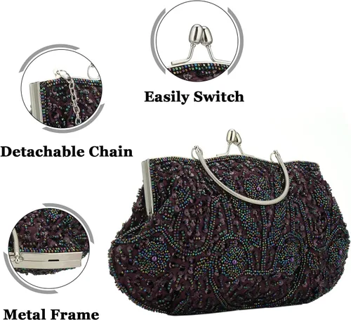 Vista 2 de Bolso de mano de noche con cuentas vintage para mujer, diseño vintage, lentejuelas, floral, asa superior, bolso de fiesta, boda, cartera, Púrpura