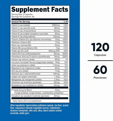 Vista 2 de Nutricost Multivitamínico con probióticos 120 cápsulas vegetarianas