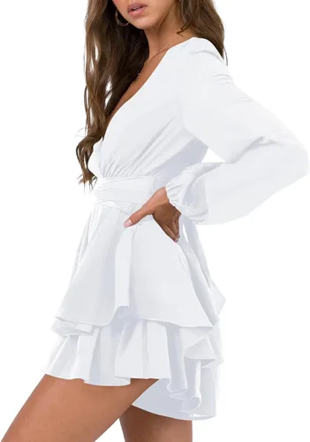 Vista 2 de Nova In Sky vestido corto y sexy con cuello en V para mujer, con mangas largas y holgadas, lazo en la cintura y dobladillo con volantes, vestido