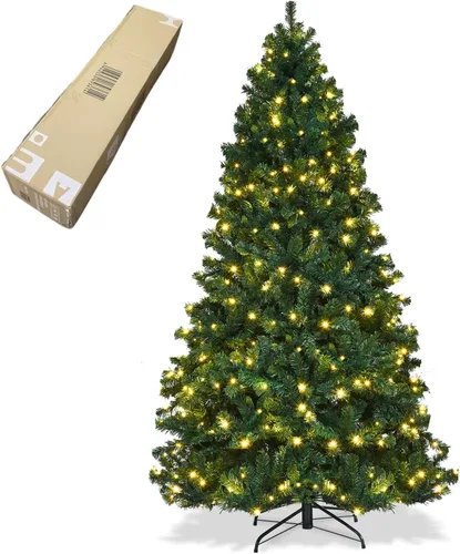 Vista 11 de ERGOMASTER - Árbol artificial de Navidad preiluminado de 7 pies con luces, árbol de Navidad falso verde con 1096 puntas de rama con bisagras, 300