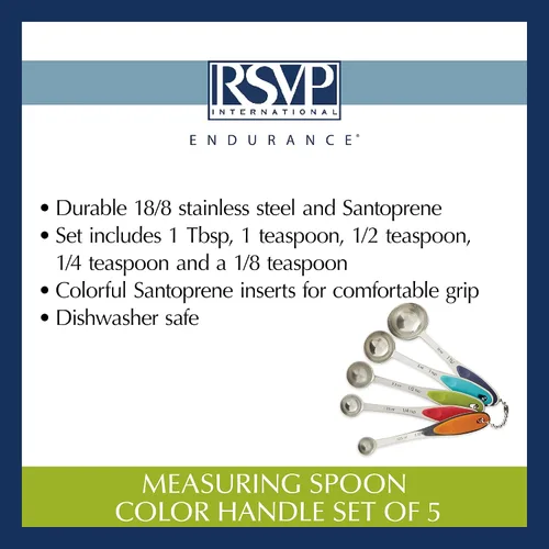 Vista 6 de RSVP International Endurance Kitchen Collection - Herramientas de medición, aptas para lavavajillas, asas de colores, 5 piezas, acero inoxidable