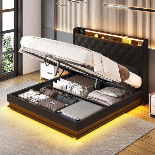 Vista 10 de Ailisite Cama de almacenamiento elevable de tamaño matrimonial, cama de plataforma tapizada con cabecera de almacenamiento con botones capitoné