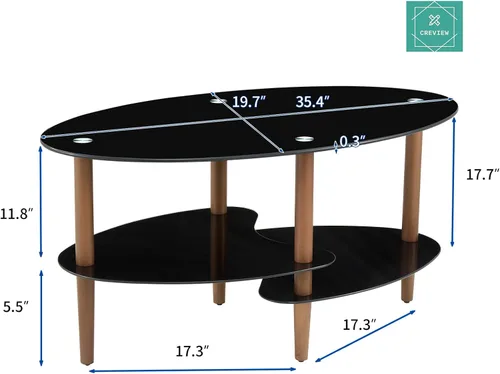 Vista 3 de Mesa de centro de cristal, mesa de centro ovalada en sala de estar con patas de madera de roble y vidrio de 2 niveles (transparente), mesa de té
