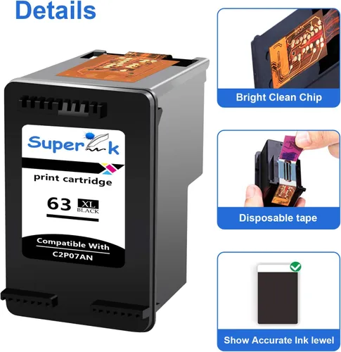Vista 5 de SuperInk Paquete de 2 cartuchos de tinta de alto rendimiento compatibles con HP 63XL 63 XL 63 XL 63 negro, nuevo uso de CHIP con impresora DeskJet