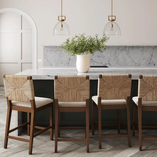 Vista 15 de Nathan James Beacon Taburete de bar bohemio con respaldo, de altura de bar, silla para isla de cocina, taburete de bar de seagrass, bouclé