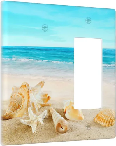 Vista 2 de Cubierta para interruptor de luz, diseño de conchas marinas en la playa, placas de pared de 2 bandas, 1 paquete