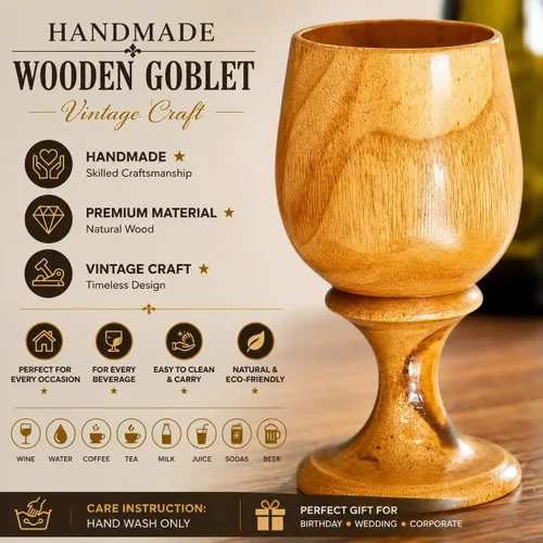 Vista 4 de Cáliz de copa de vino de madera vintage hecha a mano – Vaso rústico de madera natural para cerveza, vino, fiestas, inauguración de la casa, regalo