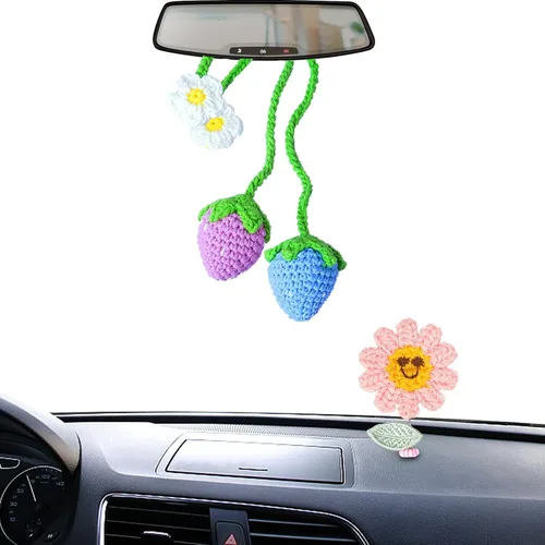 Vista 9 de Accesorios colgantes para espejo de automóvil, 2 piezas de ganchillo de fresa, accesorios de automóvil, lindos accesorios para espejo retrovisor