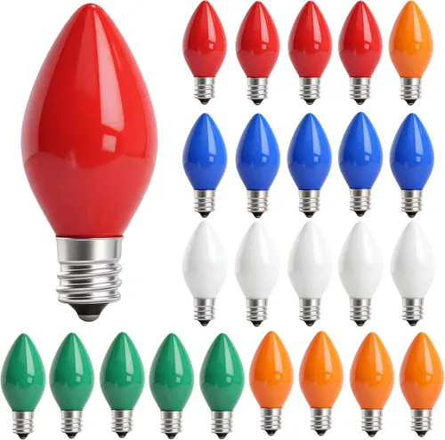 Vista 11 de Paquete de 25 bombillas azules de Navidad, bombillas incandescentes azules C7 de repuesto, bombillas de cerámica de vidrio vintage de 5 W