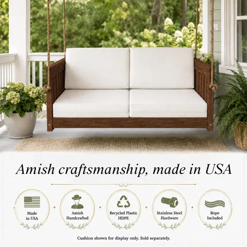 Vista 7 de Amish Made Antique Mahogany Mission Swing, Made in USA Deep Seating Mission Collection HDPE Poly Lumber Porch Swing with Rope, All-Weather Outdoor