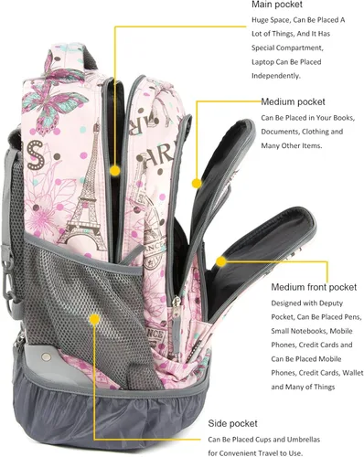 Vista 3 de Tilami Mochila con ruedas de 18 pulgadas con estuche escolar para niños y niñas, Caballo rosa, Computadora portátil