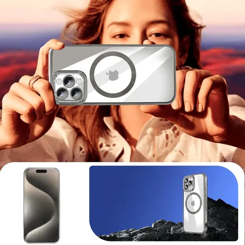 Vista 6 de Funda magnética para iPhone 15 Pro Max galvanizada transparente TPU suave [protección completa del lente de la cámara] imanes N56 que no se