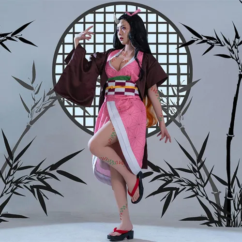 Vista 6 de Nezuko - Disfraz de kimono para niñas adultas, bata de anime japonés, disfraz de kimono de Halloween con accesorios de bambú