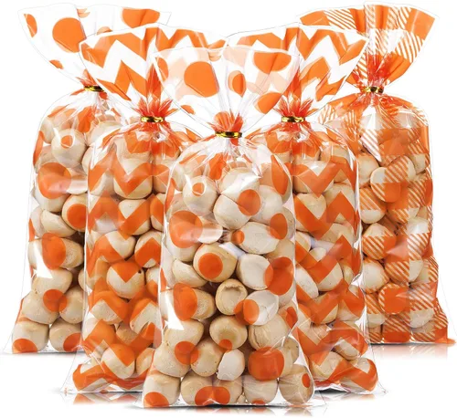 Vista 8 de Tenare 120 bolsas de dulces de celofán de otoño de Halloween a granel Bolsas de celofán para dulces de truco o trato, estampado de cheurón a cuadros