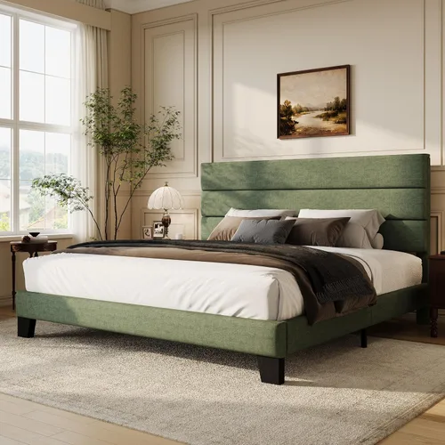 Vista 23 de WEEWAY Base de cama tamaño individual con cabecera tapizada de tela de lino y soporte de listones de madera, base de colchón resistente, no necesita