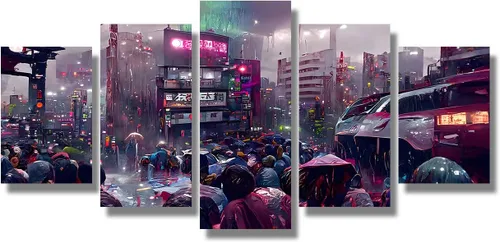 Vista 75 de Lienzo decorativo para pared, diseño de ciudad futurista Cyberpunk para sala de estar, impresión multipanel, obra de arte de cocina, pintura