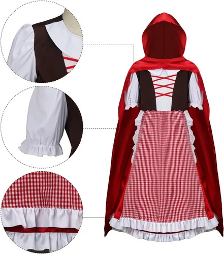 Vista 5 de ZIFUNMUR Little Red Riding Hood Costume Dress Cape Cloak Outfit Girls Kids Halloween Cosplay Party Fancy Dress Up Props