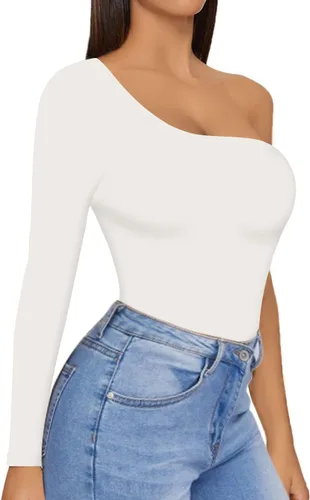 Vista 3 de MANGOPOP Women's One Shoulder Off Sleeveless Long Sleeve Tank Top Bodysuit Jumpsuits