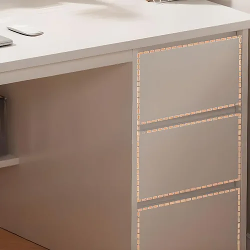 Vista 5 de Escritorio moderno con 3 cajones, mesa de estudio de computadora con gabinete para oficina en casa, estación de trabajo para espacios pequeños Gris