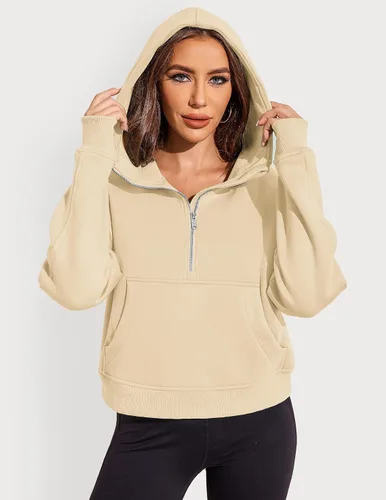 Vista 3 de Zeagoo Sudaderas con capucha corta con media cremallera para mujer, de forro polar, manga larga, para otoño e invierno con bolsillos