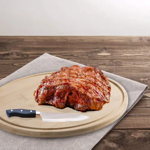 Vista 2 de Hammont Tabla de cortar redonda, hecha de madera de bambú con ranuras para jugos, ideal para embutidos, tabla de cortar carne, 12 pulgadas