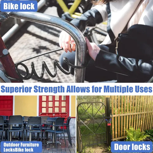 Vista 7 de Candado de Seguridad de Cable de Acero de 1/2 Pulgada de Alta Resistencia con Bucles 4FT/6FT/8FT/10FT para Bicicleta, Candado de Cadena de Cable