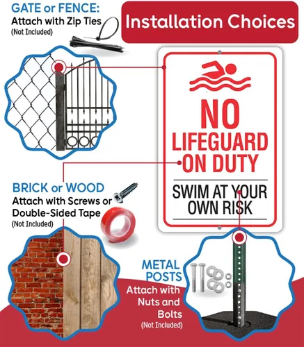 Vista 9 de Letrero de metal con texto en inglés «No Lifeguard on Duty, Swim At Your Own Risk– Uso en interiores y exteriores – Aviso de seguridad en el agua