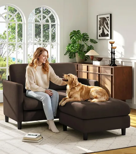 Vista 25 de Welzona Loveseat, 51" Small L Shaped Couch, Comfy Teddy Love Seat with Ottoman Set, Tool-Free Setup Loveseat Sofa with Ottoman, All-Wood Small Sofa