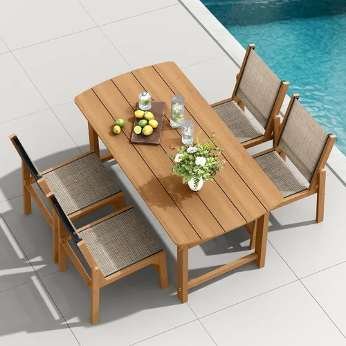 Vista 35 de Mesa de comedor rectangular para exteriores, mesa de polietileno de alta densidad resistente para 6, mesa de patio resistente a la intemperie