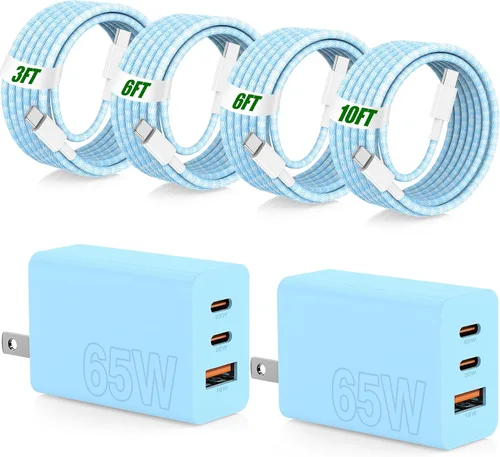 Vista 17 de USB C de carga súper rápida de 65 W para iPhone 17 16 Pro Max, bloque de carga USB C de 3 puertos de 100 W y cable trenzado tipo C de 3/6/6/10 pies
