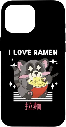Vista 19 de iPhone 16 I Love Ramen Cute Kawaii Raccoon Eats Ramen Japanese Anime Case