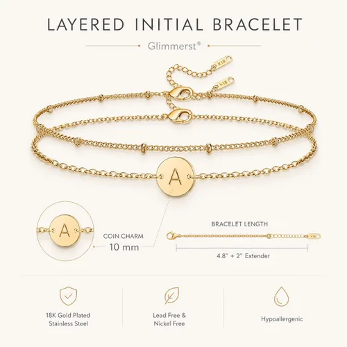 Vista 6 de Glimmerst Pulsera con inicial para mujer, chapada en oro de 18K, de acero inoxidable en capas, con monedas, pulsera con letra, cadena con cuentas