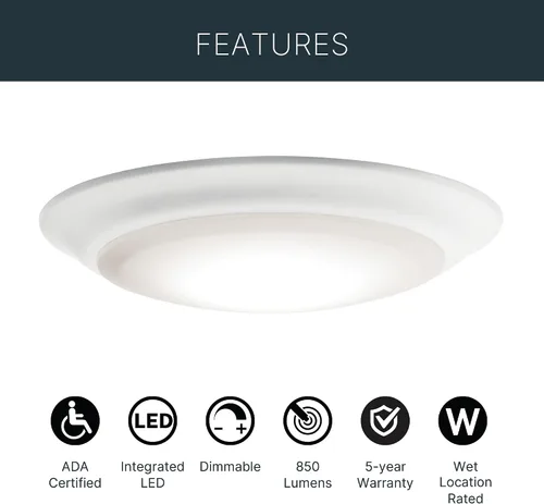 Vista 5 de Kichler Gen I Downlight LED, montaje empotrado al techo de 7.5", luz interior regulable, 2700K, (7.5" x 1.5"), blanco, 43846WHLED27