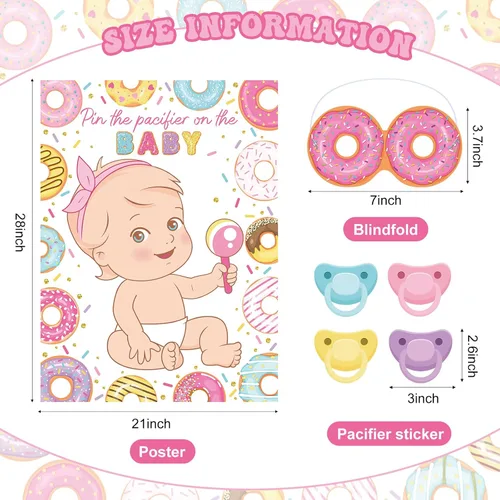 Vista 2 de Faccito Pin The Chupete Juego de baby shower, decoración de fiesta de baby shower, incluye póster grande, 24 calcomanías para chupete, juego