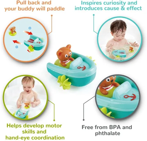 Vista 3 de Hape Juguete de baño de barco con retroceso de tubo, oso de peluche, juguete de baño flotante para remo de barco, juguete para bañera y ducha