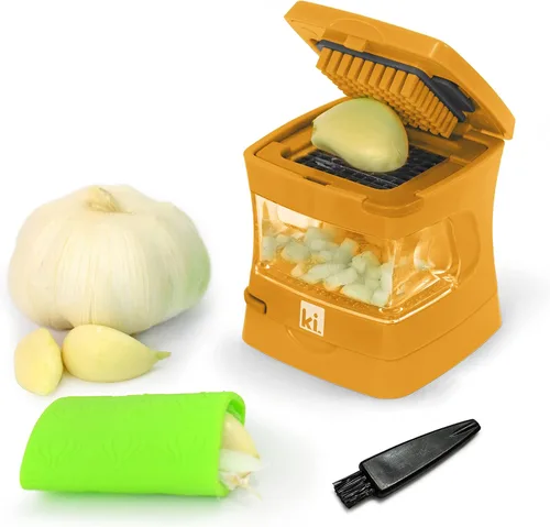 Vista 10 de Prensa de ajo Garlic-A-Peel, trituradora, cortador, picadora y contenedor de almacenamiento - Incluye pelador de ajo de silicona - Fácil de limpiar