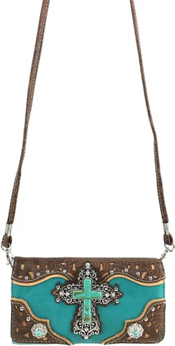Vista 3 de Justin West Tooled - Bolso de mano de piel con diamantes de imitación, corte láser, color turquesa