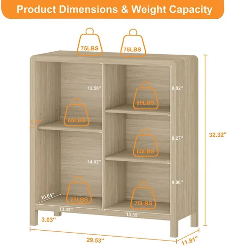 Vista 2 de FATORRI Mesa consola con 2 cajones y estantería de 5 cubos para sala de estar (nogal claro)