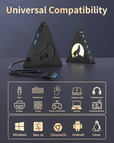 Vista 8 de Hub USB 3.0 de 7 puertos, divisor de USB vertical con iluminación RGB, transferencia de datos de alta velocidad de 5 Gbps y cable de extensión de 2