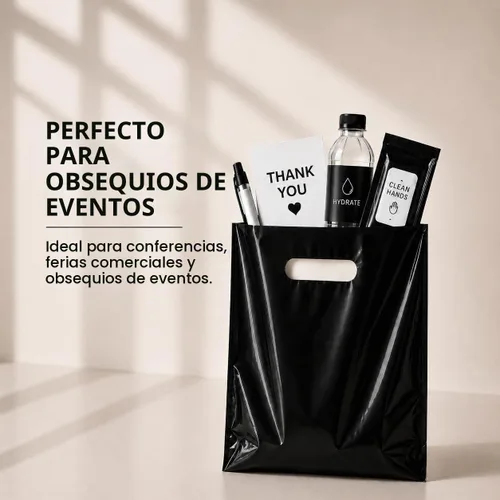 Vista 3 de Paquete de 100 bolsas de compras de plástico negro con asas troqueladas, tamaño de 9 x 12 pulgadas