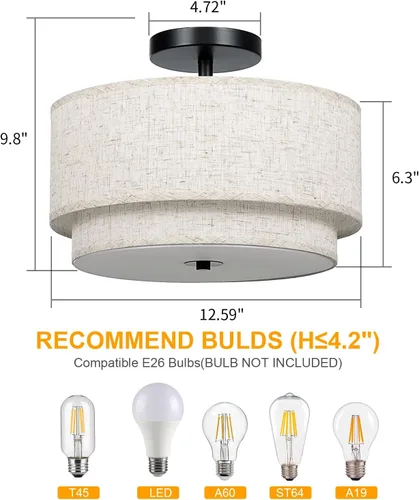 Vista 2 de FRIDEKO HOME Lámpara de techo semiempotrada de 3 luces, moderna, cerca del techo, con 2 capas de tela, para dormitorio, sala de estar, cocina