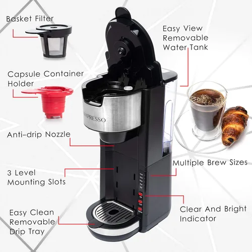 Vista 3 de Mixpresso - Cafetera negra para una porción, compatible con cápsulas K-Cup y café molido, cafetera compacta de 30 oz con 5 tamaños de preparación