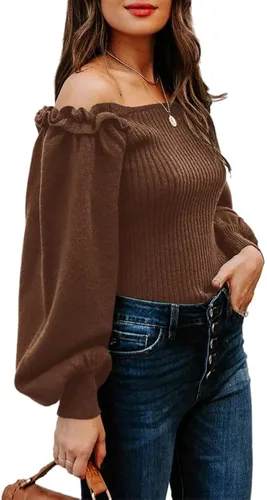 Vista 2 de Langwyqu Women's Sweaters Casual Long Lantern Sleeve Square Neck Ruffle Knit Pullovers Tops